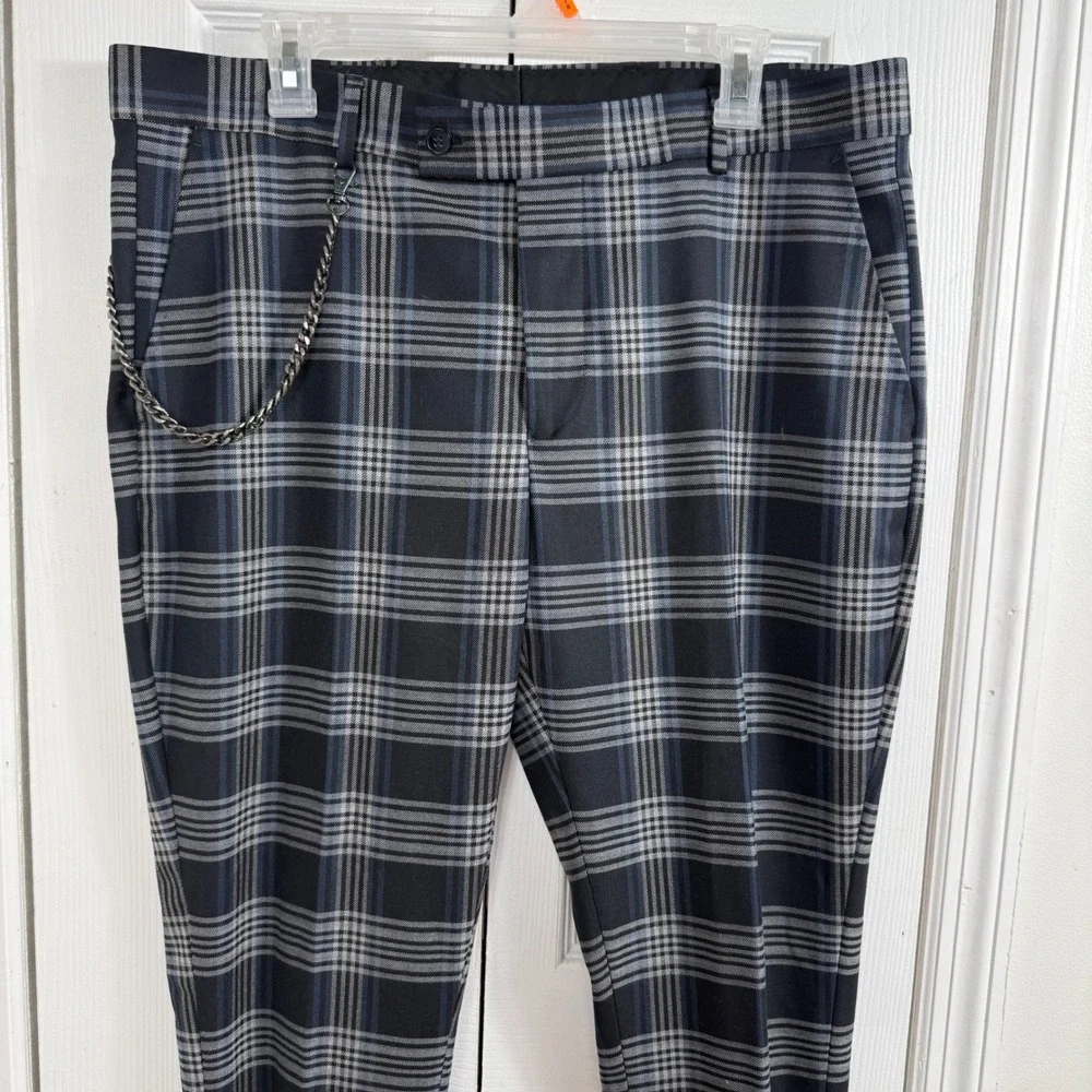 Mens 36 Plaid Chain Trousers Navy Gray Punk Goth Dark Academia Y2K Pants 36x29